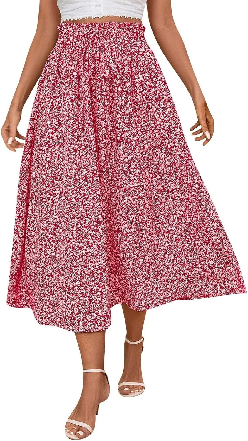 Floral Midi Skirt Boho Flowy Elastic High Waist A Line Skirt Bow Linen Flared Beach Long Skirts for Women with Pockets