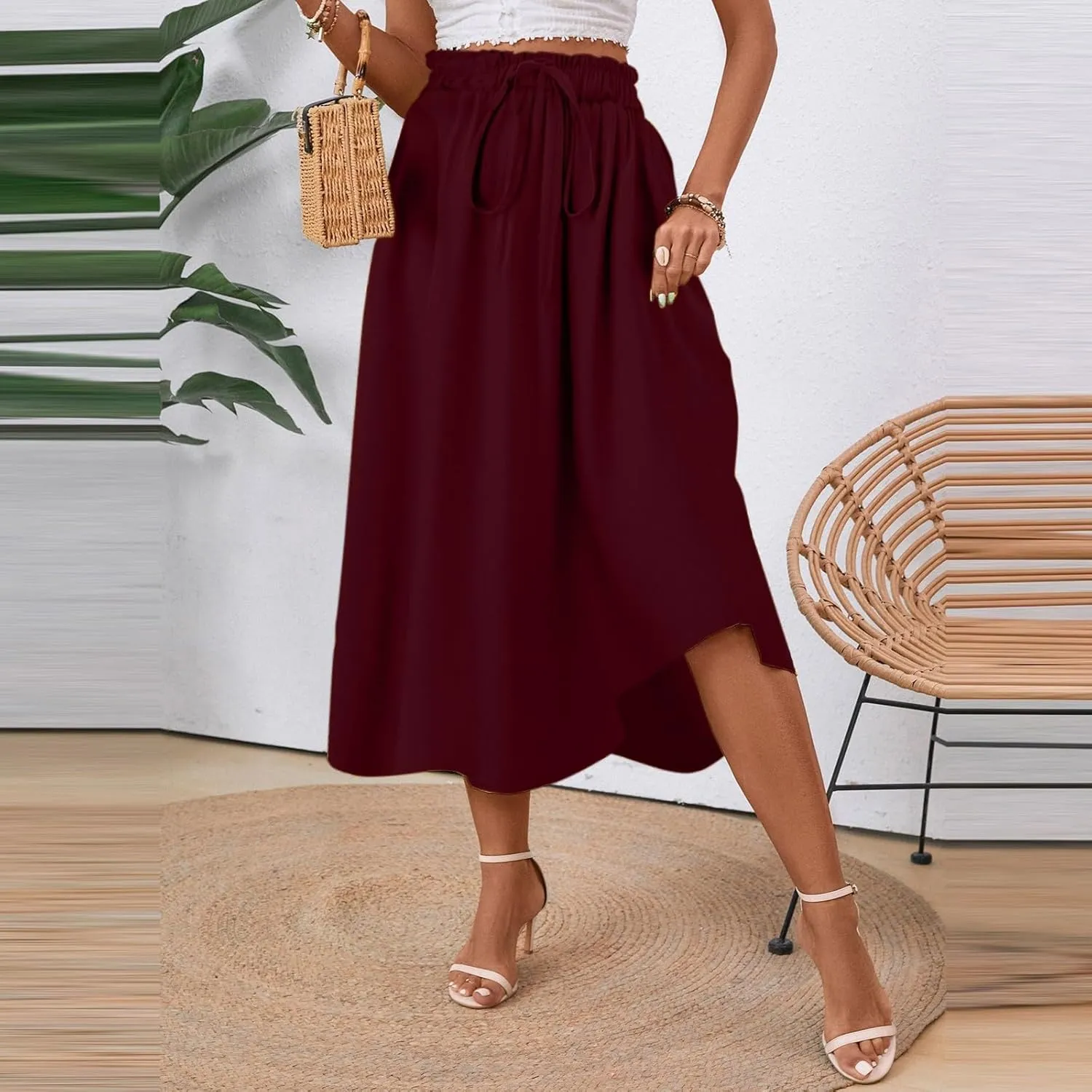 Floral Midi Skirt Boho Flowy Elastic High Waist A Line Skirt Bow Linen Flared Beach Long Skirts for Women with Pockets