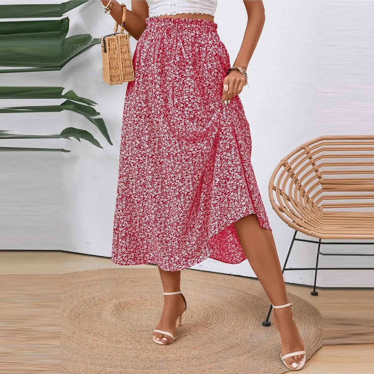 Floral Midi Skirt Boho Flowy Elastic High Waist A Line Skirt Bow Linen Flared Beach Long Skirts for Women with Pockets