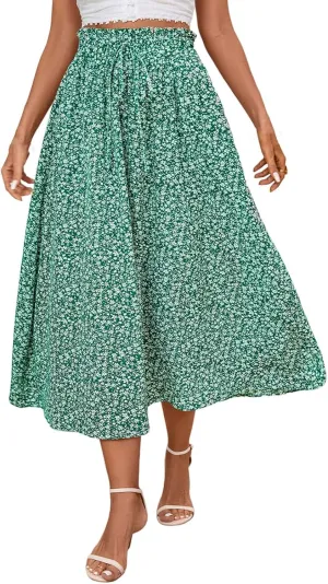 Floral Midi Skirt Boho Flowy Elastic High Waist A Line Skirt Bow Linen Flared Beach Long Skirts for Women with Pockets