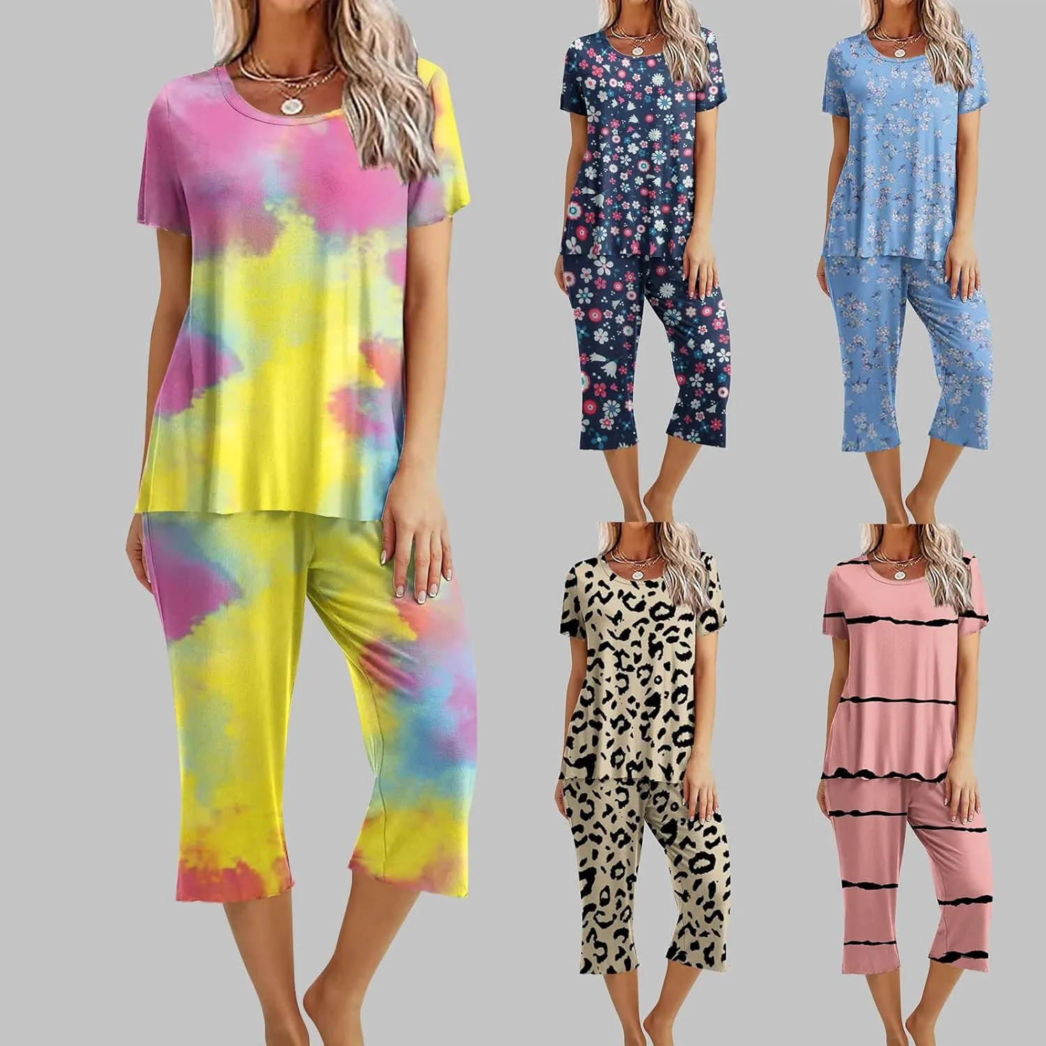 Floral Print Capris Pajamas for Women Summer Short Sleeve Sleepwear Top and Capri Pants 2 Piece Loungewear Sets with Pockets