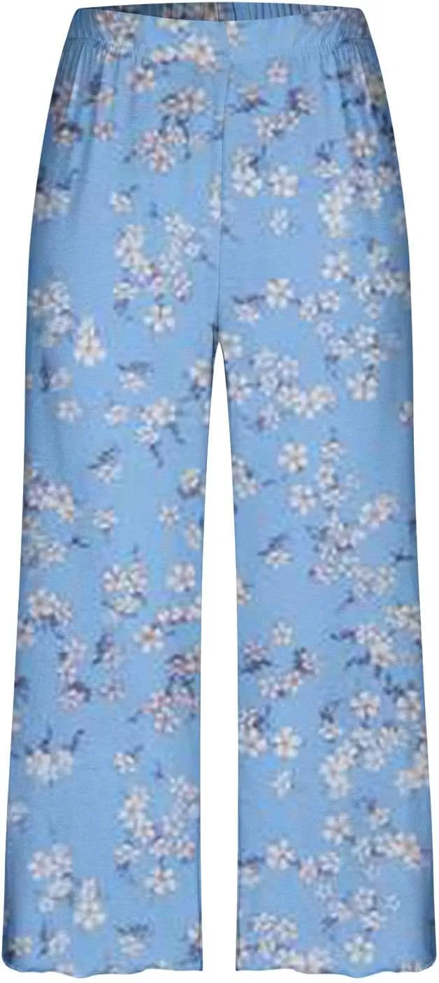 Floral Print Capris Pajamas for Women Summer Short Sleeve Sleepwear Top and Capri Pants 2 Piece Loungewear Sets with Pockets