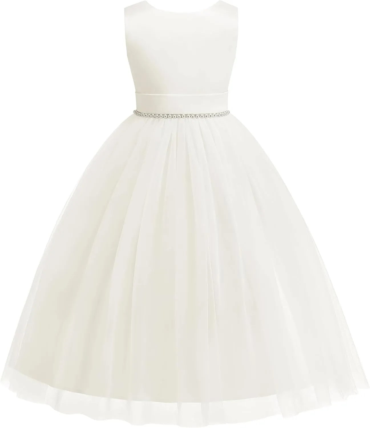 Flower Girl Dress Girls Dresses Wedding Satin V-Back Pearls for Pageant Prom Ball Gowns Party
