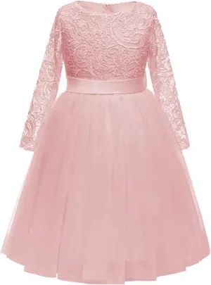 Flower Girl Dress Long Sleeves Lace Top Tulle Skirt Girls Lace Party Dresses