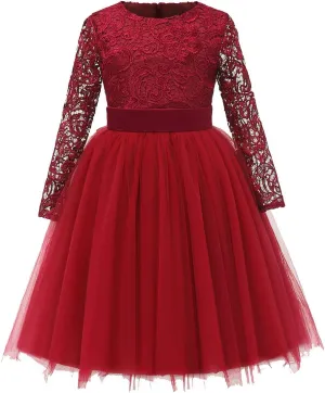 Flower Girl Dress Long Sleeves Lace Top Tulle Skirt Girls Lace Party Dresses