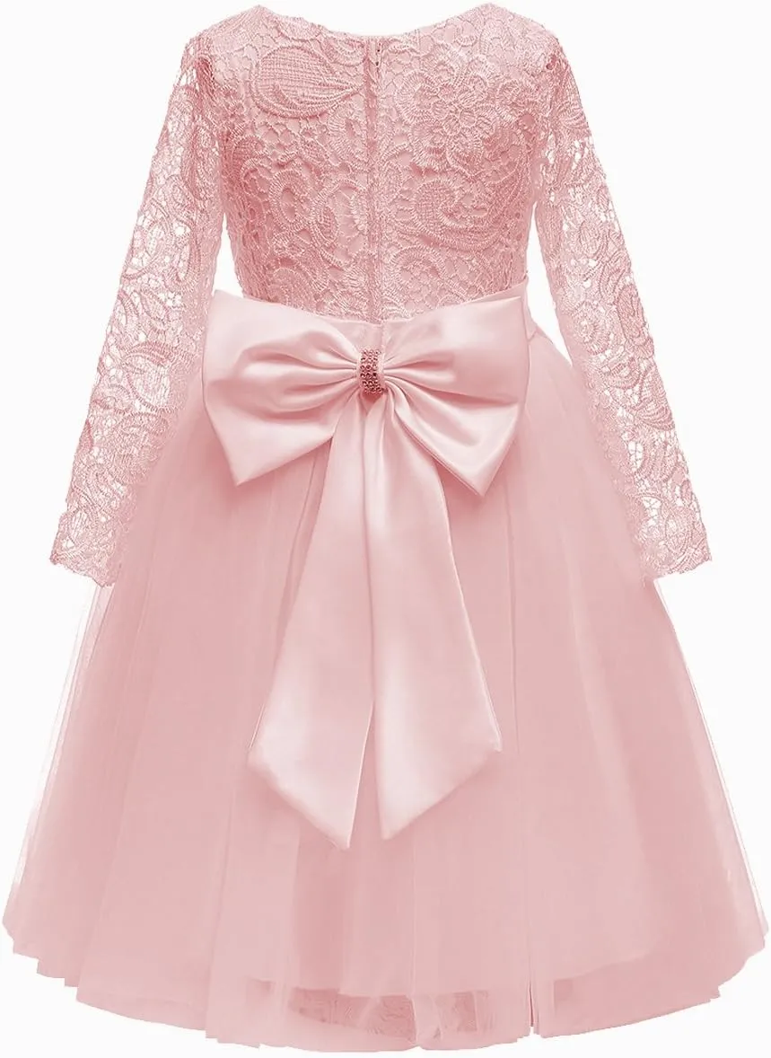 Flower Girl Dress Long Sleeves Lace Top Tulle Skirt Girls Lace Party Dresses