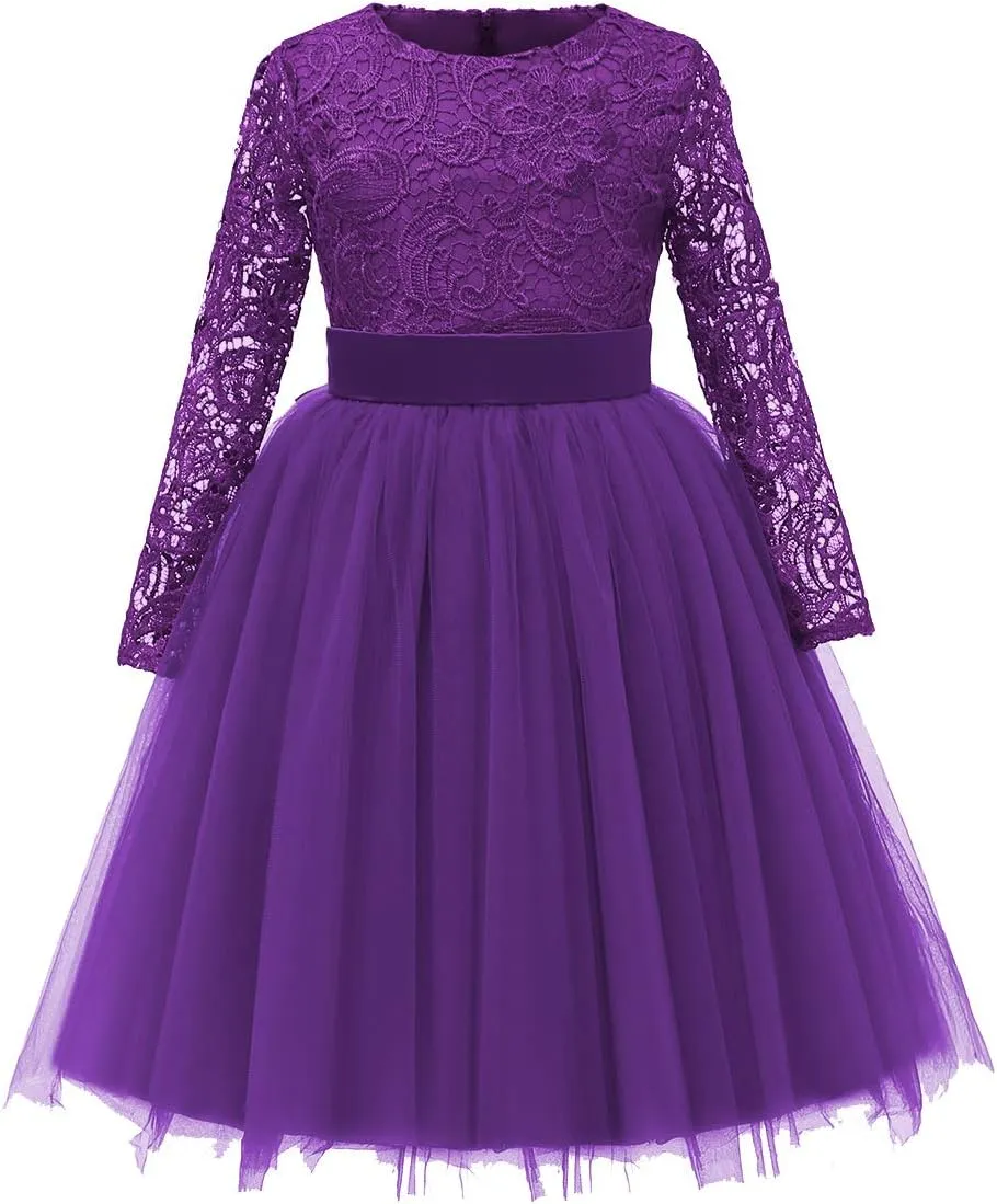 Flower Girl Dress Long Sleeves Lace Top Tulle Skirt Girls Lace Party Dresses
