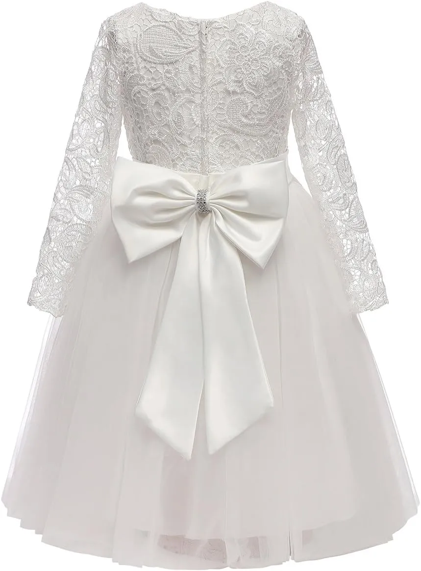 Flower Girl Dress Long Sleeves Lace Top Tulle Skirt Girls Lace Party Dresses
