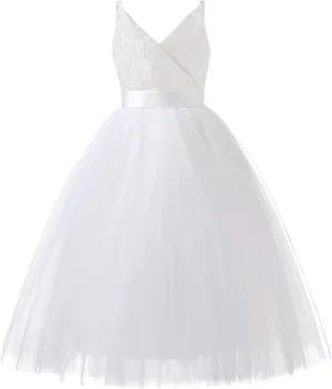 Flower Girl Dress Long Sleeves Lace Top Tulle Skirt Girls Lace Party Dresses