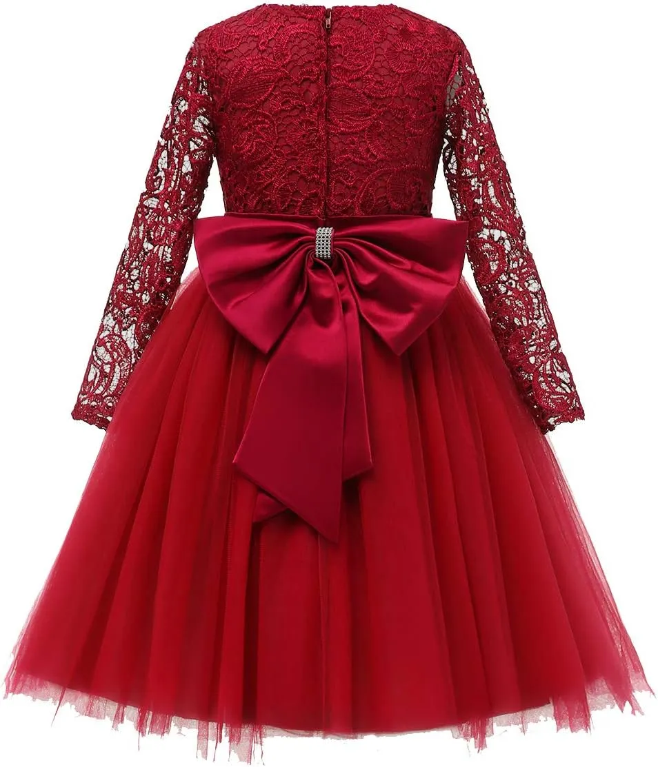 Flower Girl Dress Long Sleeves Lace Top Tulle Skirt Girls Lace Party Dresses