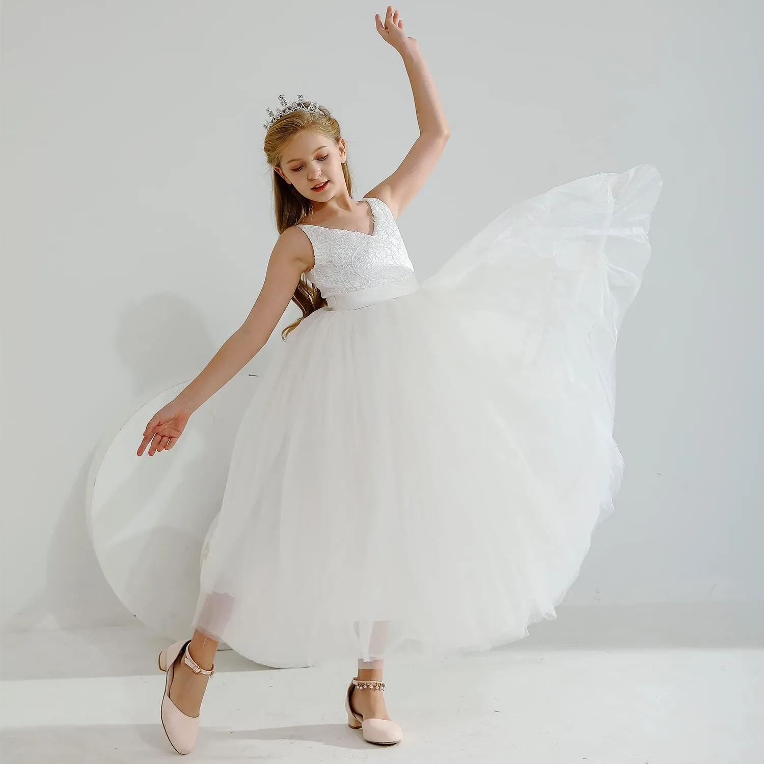 Flower Girl Dress Long Sleeves Lace Top Tulle Skirt Girls Lace Party Dresses