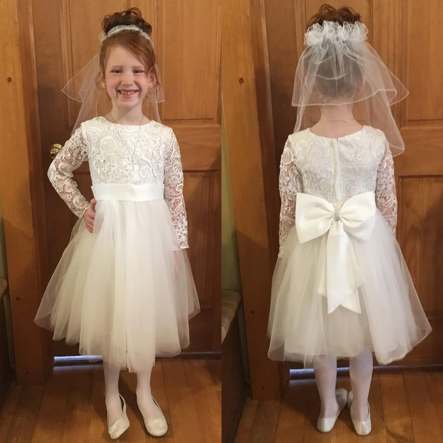 Flower Girl Dress Long Sleeves Lace Top Tulle Skirt Girls Lace Party Dresses