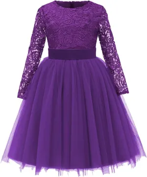 Flower Girl Dress Long Sleeves Lace Top Tulle Skirt Girls Lace Party Dresses