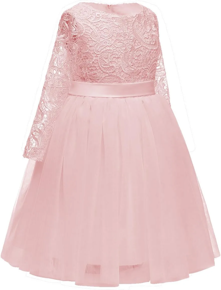 Flower Girl Dress Long Sleeves Lace Top Tulle Skirt Girls Lace Party Dresses