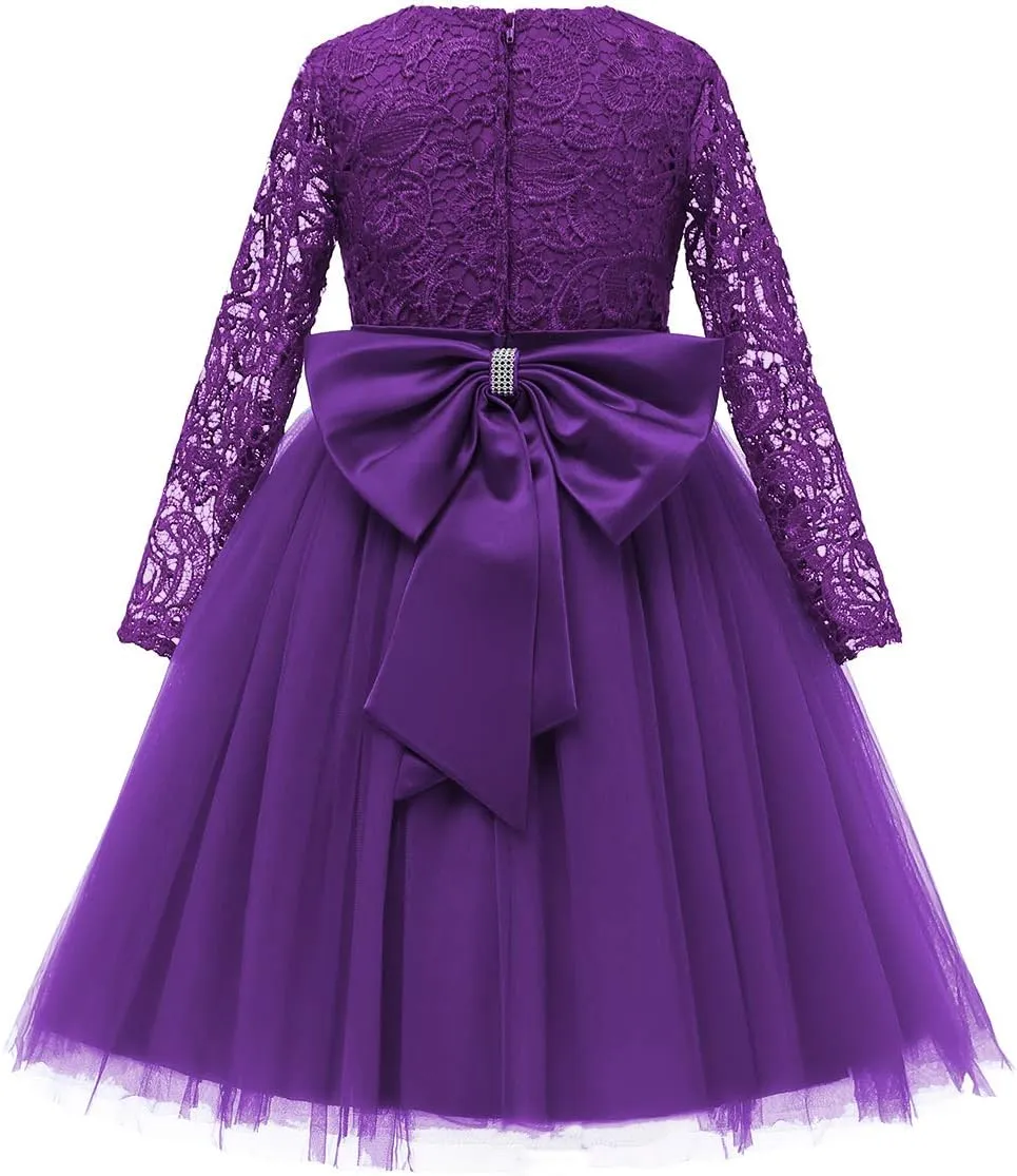 Flower Girl Dress Long Sleeves Lace Top Tulle Skirt Girls Lace Party Dresses