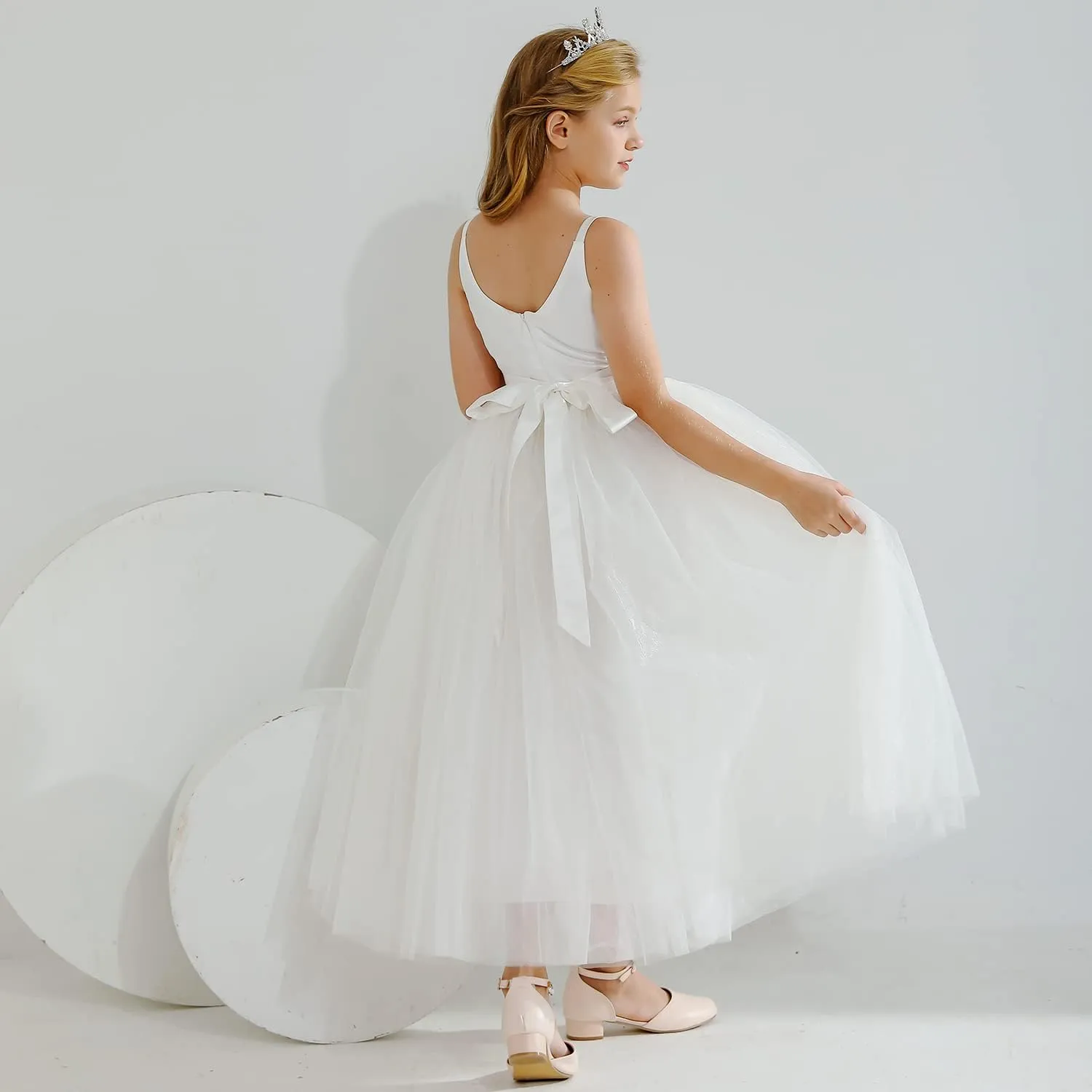 Flower Girl Dress Long Sleeves Lace Top Tulle Skirt Girls Lace Party Dresses