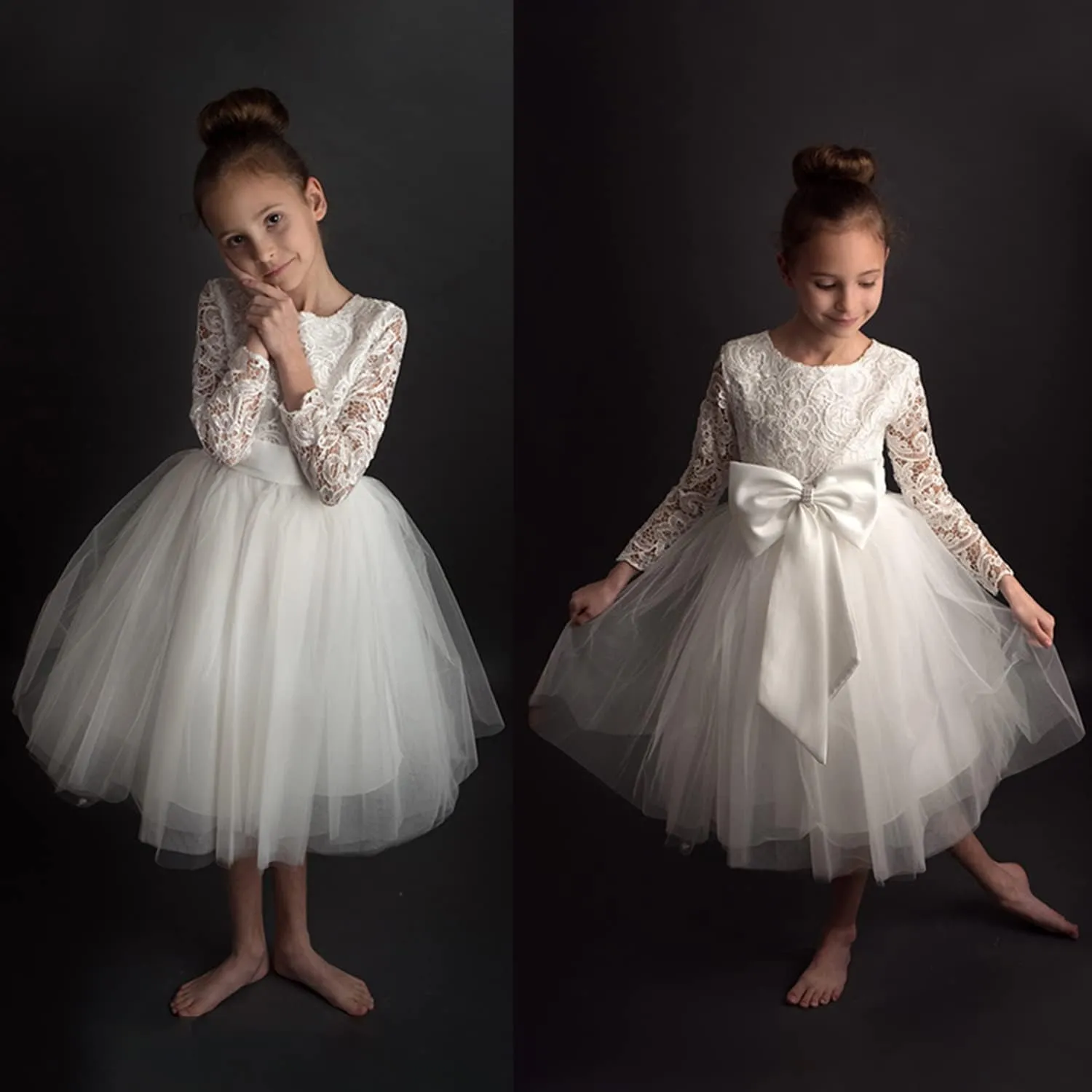 Flower Girl Dress Long Sleeves Lace Top Tulle Skirt Girls Lace Party Dresses