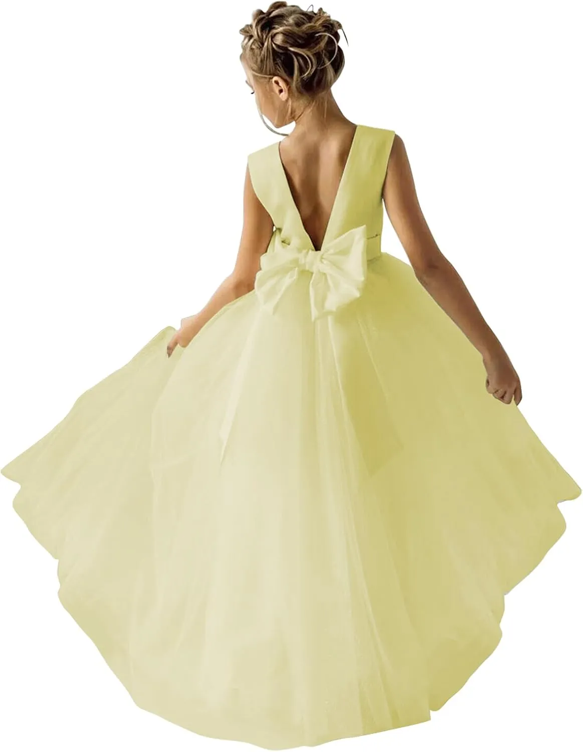 Flower Girls Dress for Wedding Satin Tulle Pageant Formal Communion Dress Pearls Prom Ball Gown with Bow-Knot