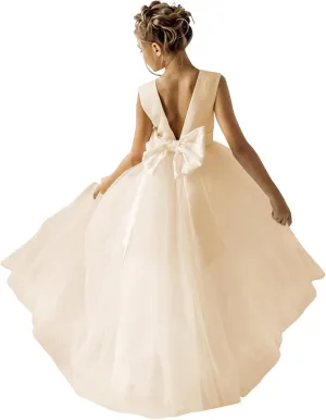 Flower Girls Dress for Wedding Satin Tulle Pageant Formal Communion Dress Pearls Prom Ball Gown with Bow-Knot