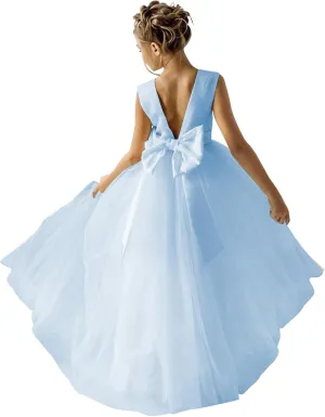 Flower Girls Dress for Wedding Satin Tulle Pageant Formal Communion Dress Pearls Prom Ball Gown with Bow-Knot