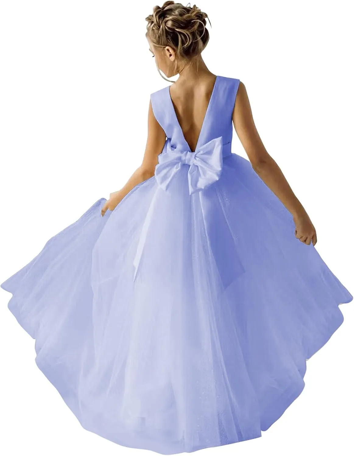 Flower Girls Dress for Wedding Satin Tulle Pageant Formal Communion Dress Pearls Prom Ball Gown with Bow-Knot