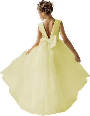 Flower Girls Dress for Wedding Satin Tulle Pageant Formal Communion Dress Pearls Prom Ball Gown with Bow-Knot