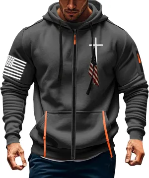 Full Zip Hoodies Men Workout Hoodie American Flag Hooded Sweatshirts Patriotic Graphic Shirt Long Sleeve Casual Tops