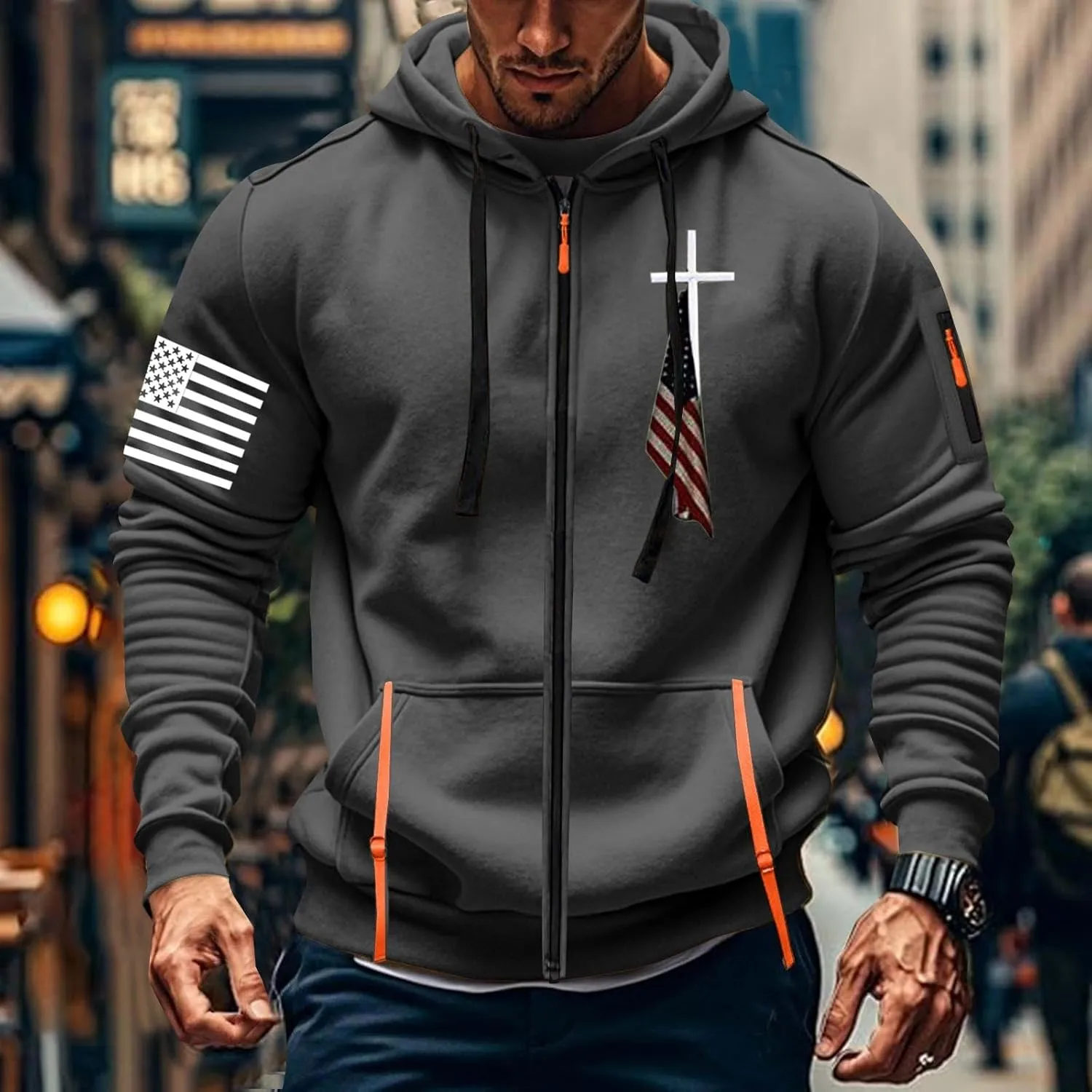 Full Zip Hoodies Men Workout Hoodie American Flag Hooded Sweatshirts Patriotic Graphic Shirt Long Sleeve Casual Tops