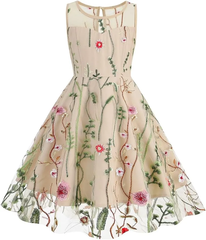 Girls Mesh Flower Embroidered Dress Illusion Tulle Mesh Embroidery Dress for Girls Flower Girls Dresses for Wedding Birthday