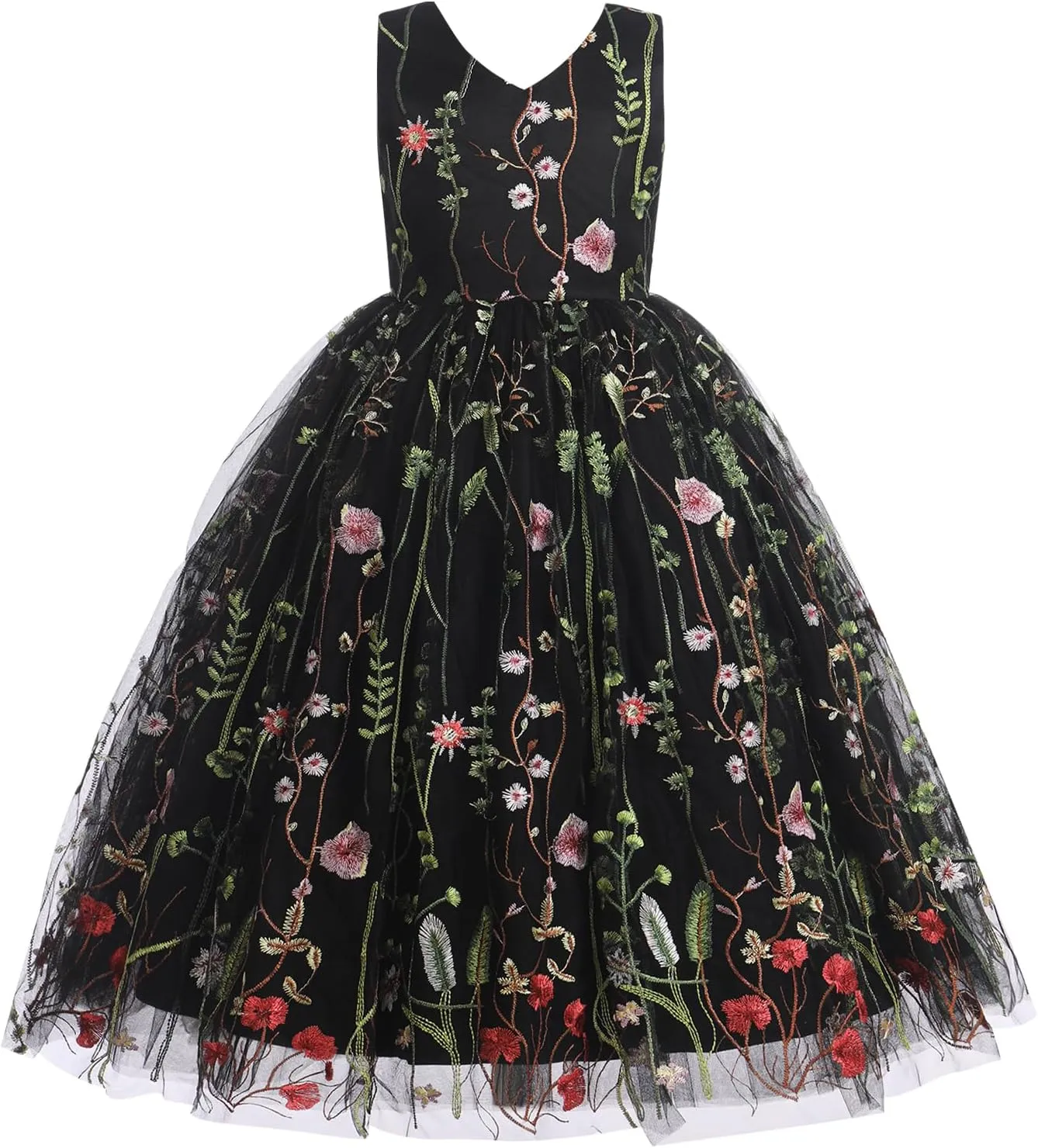 Girls Mesh Flower Embroidered Dress Illusion Tulle Mesh Embroidery Dress for Girls Flower Girls Dresses for Wedding Birthday