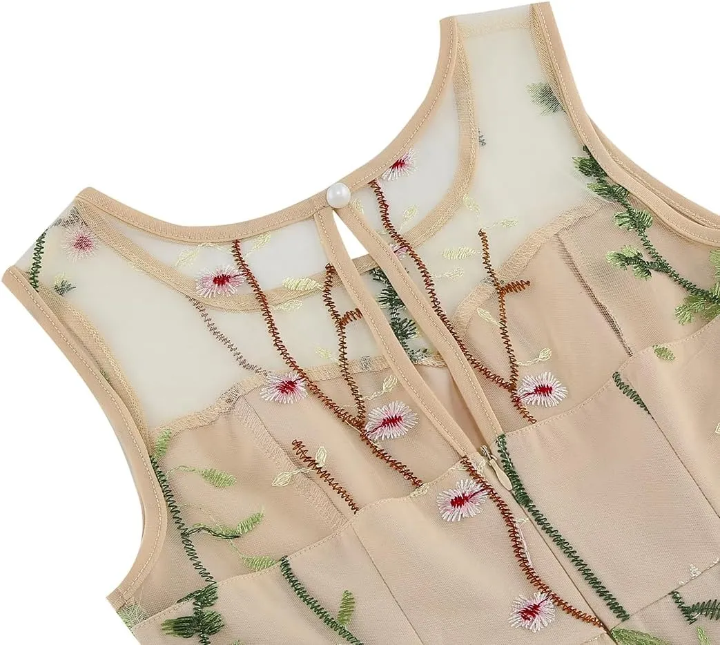 Girls Mesh Flower Embroidered Dress Illusion Tulle Mesh Embroidery Dress for Girls Flower Girls Dresses for Wedding Birthday