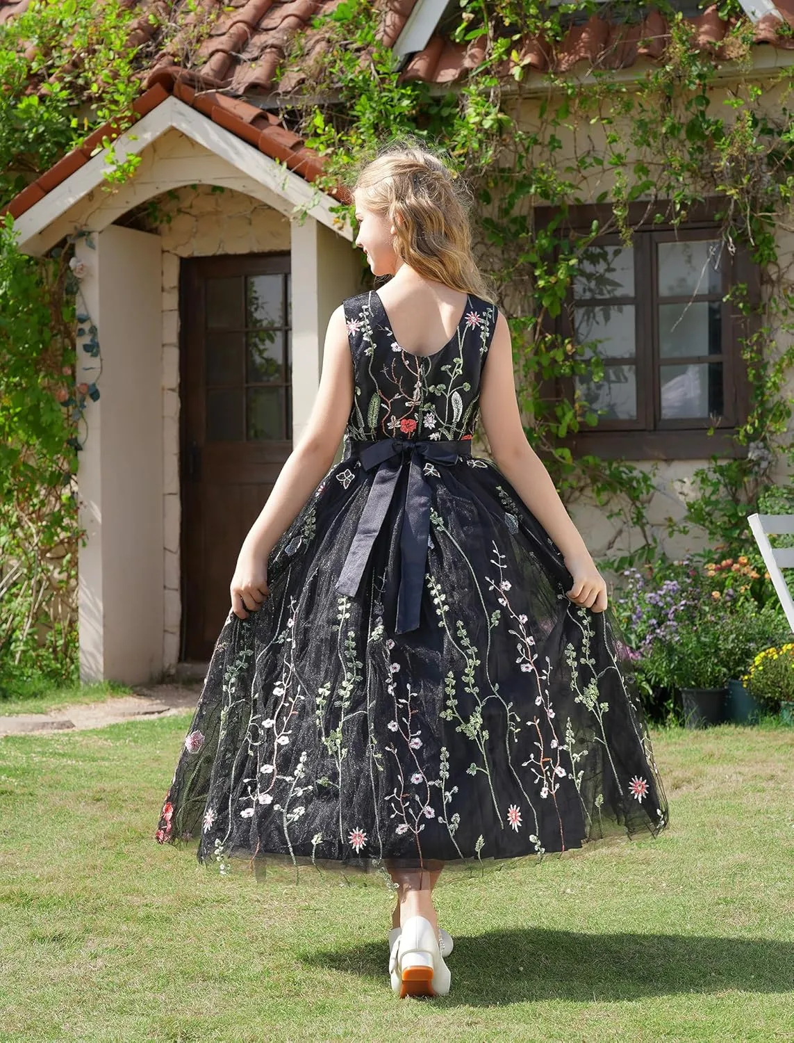 Girls Mesh Flower Embroidered Dress Illusion Tulle Mesh Embroidery Dress for Girls Flower Girls Dresses for Wedding Birthday