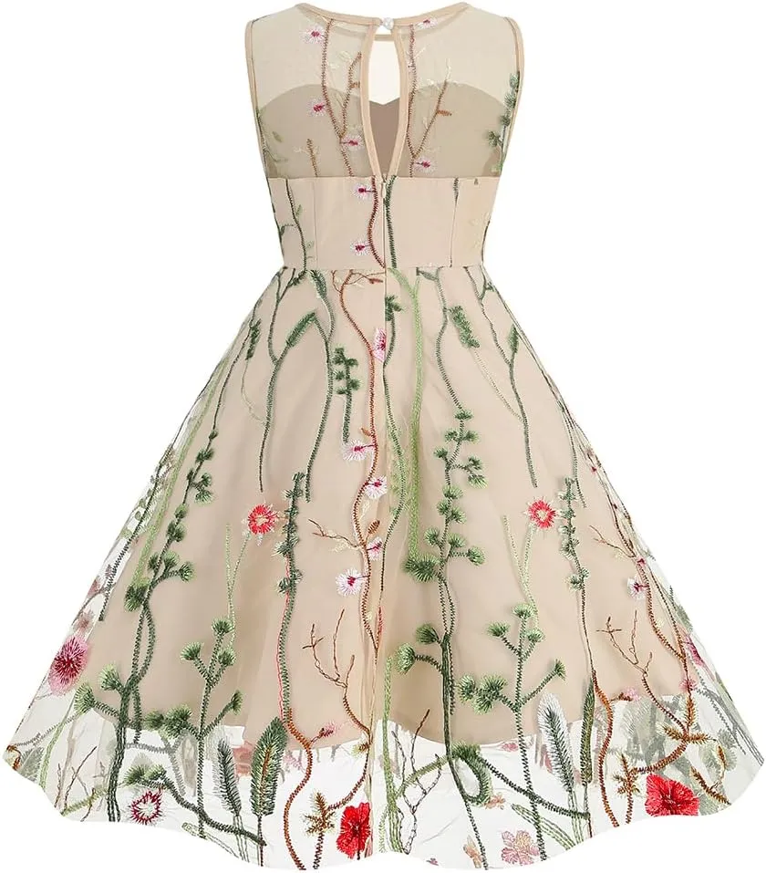 Girls Mesh Flower Embroidered Dress Illusion Tulle Mesh Embroidery Dress for Girls Flower Girls Dresses for Wedding Birthday