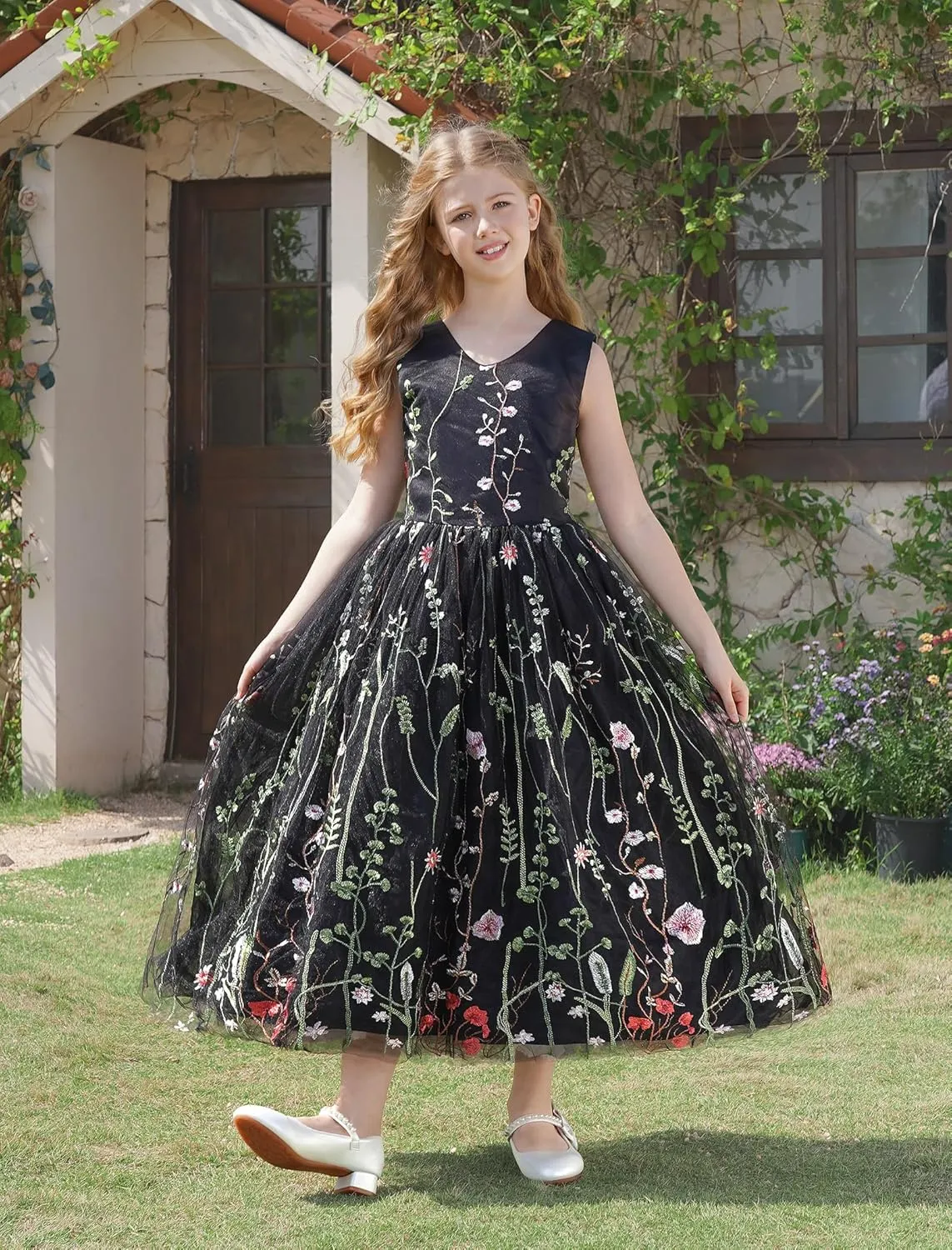 Girls Mesh Flower Embroidered Dress Illusion Tulle Mesh Embroidery Dress for Girls Flower Girls Dresses for Wedding Birthday
