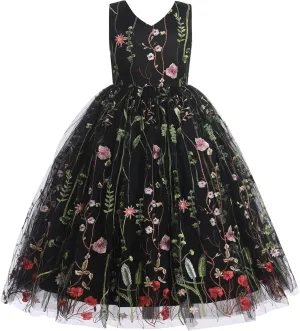 Girls Mesh Flower Embroidered Dress Illusion Tulle Mesh Embroidery Dress for Girls Flower Girls Dresses for Wedding Birthday