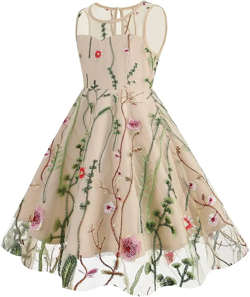 Girls Mesh Flower Embroidered Dress Illusion Tulle Mesh Embroidery Dress for Girls Flower Girls Dresses for Wedding Birthday