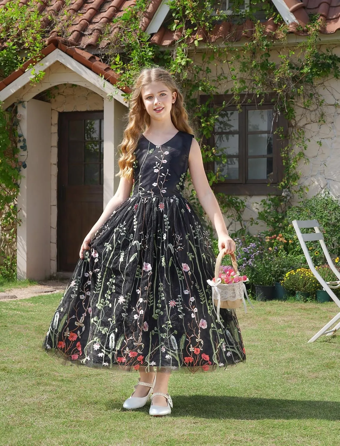 Girls Mesh Flower Embroidered Dress Illusion Tulle Mesh Embroidery Dress for Girls Flower Girls Dresses for Wedding Birthday