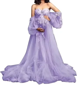 HEWEIGUI Off Shoulder Maternity Dress Tulle Baby Shower Dress for Photoshoot Appliques Maternity Gowns Pregnancy Gown
