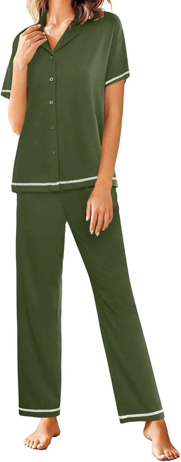 HGps8w Women's Summer Short Sleeve Pajamas Button Down Lapel Top with Long Pants 2 Piece Sleepwear Soft Pjs Lounge Sets