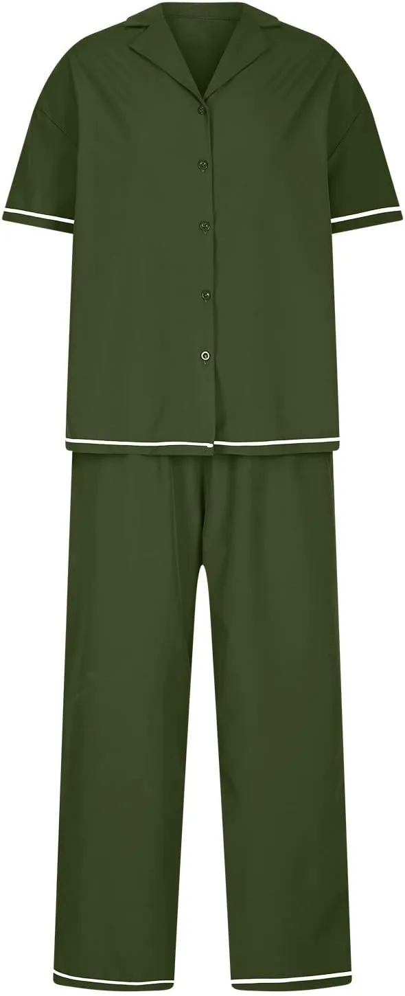 HGps8w Women's Summer Short Sleeve Pajamas Button Down Lapel Top with Long Pants 2 Piece Sleepwear Soft Pjs Lounge Sets
