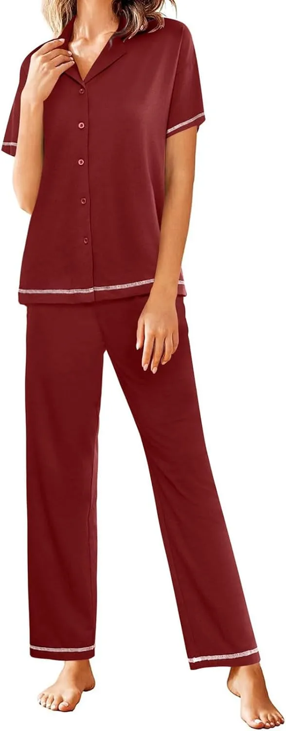 HGps8w Women's Summer Short Sleeve Pajamas Button Down Lapel Top with Long Pants 2 Piece Sleepwear Soft Pjs Lounge Sets