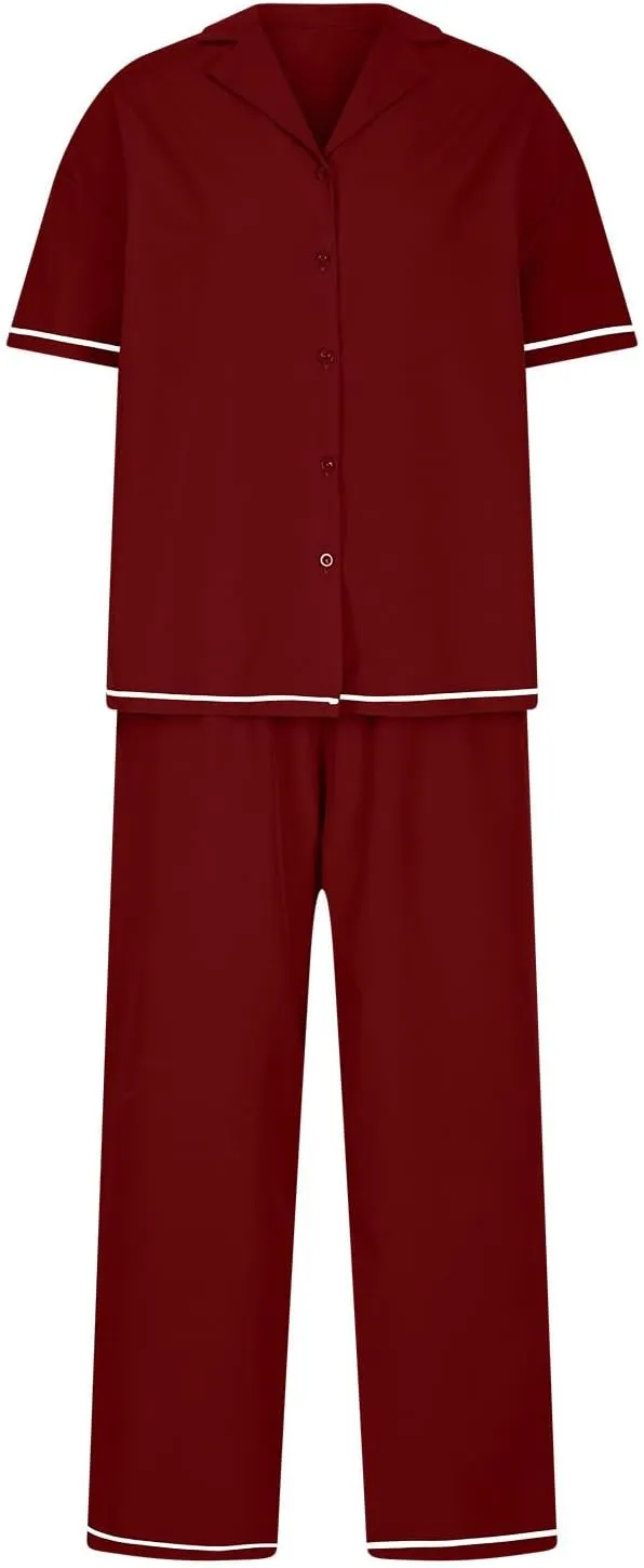HGps8w Women's Summer Short Sleeve Pajamas Button Down Lapel Top with Long Pants 2 Piece Sleepwear Soft Pjs Lounge Sets