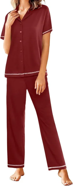 HGps8w Women's Summer Short Sleeve Pajamas Button Down Lapel Top with Long Pants 2 Piece Sleepwear Soft Pjs Lounge Sets