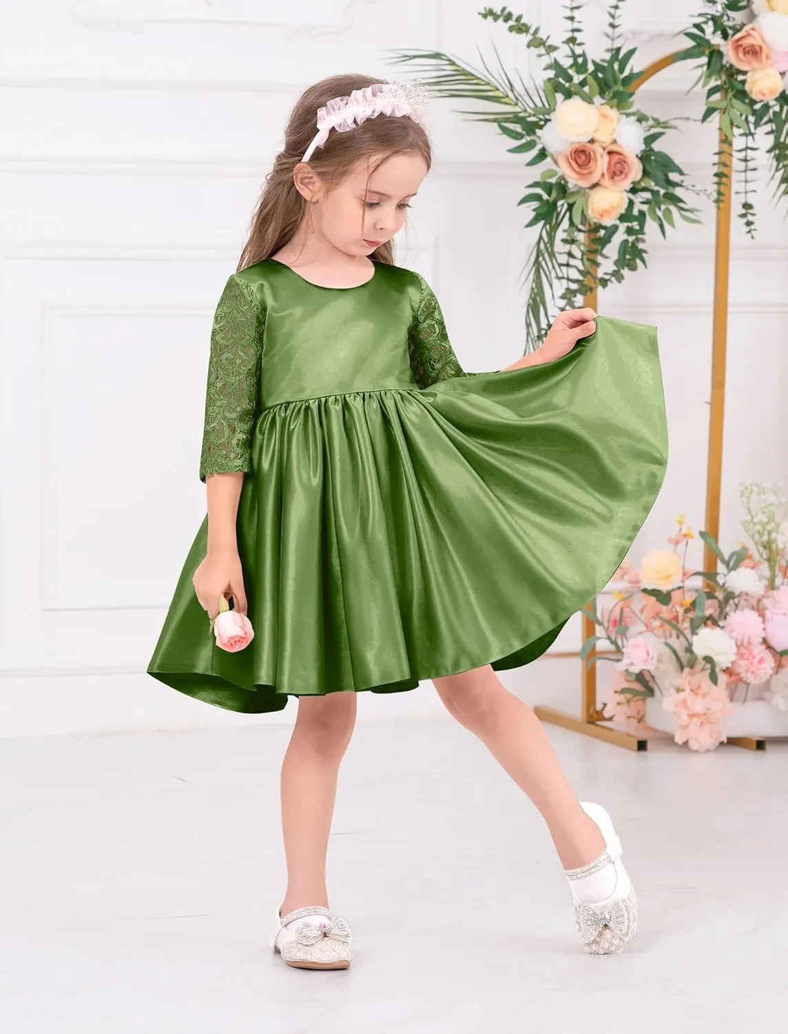 IDOPIP Flower Girl Satin Bowknot Lace Tutu Dress for Kids Baby Princess First Communion Wedding Birthday Party Pageant Gowns