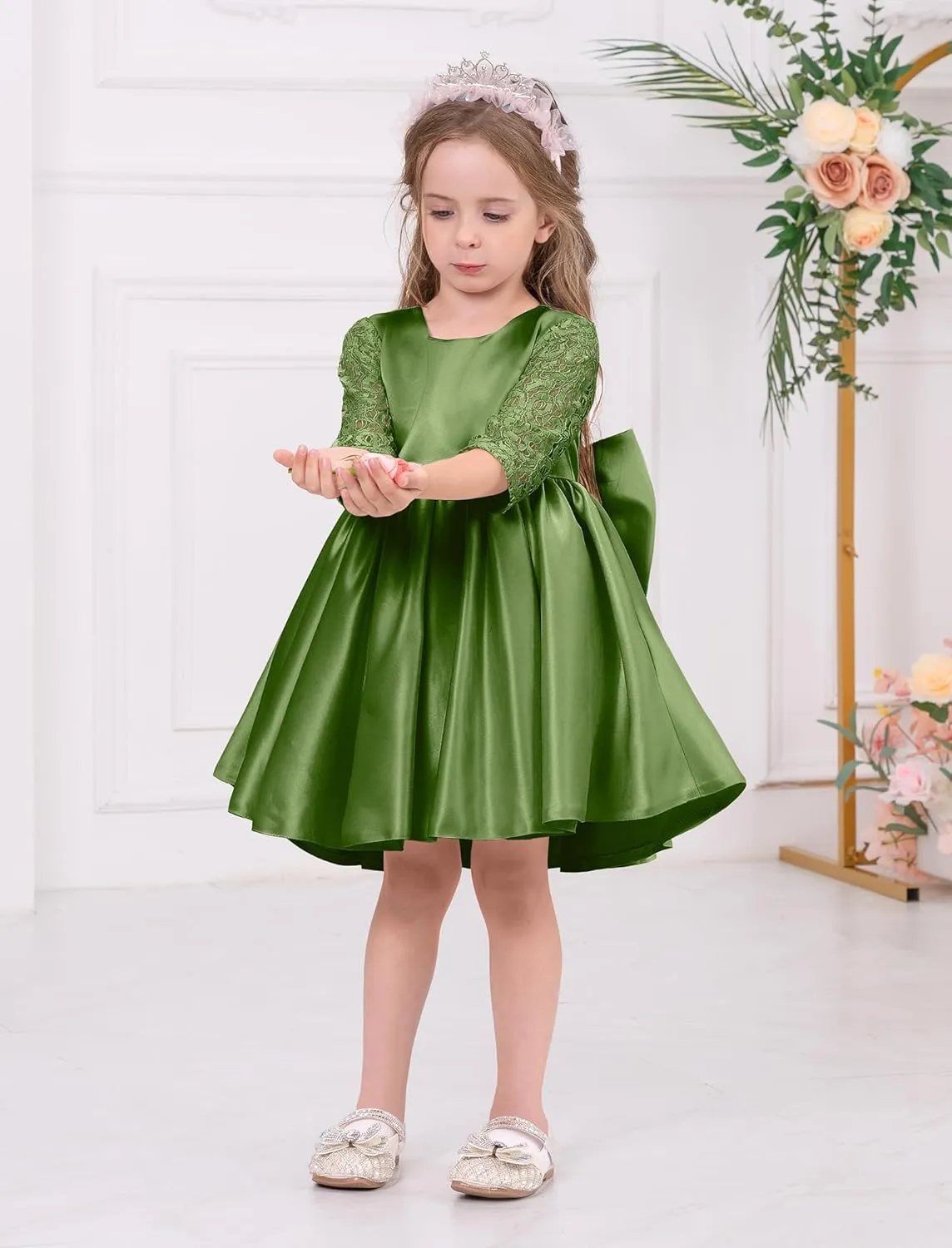 IDOPIP Flower Girl Satin Bowknot Lace Tutu Dress for Kids Baby Princess First Communion Wedding Birthday Party Pageant Gowns