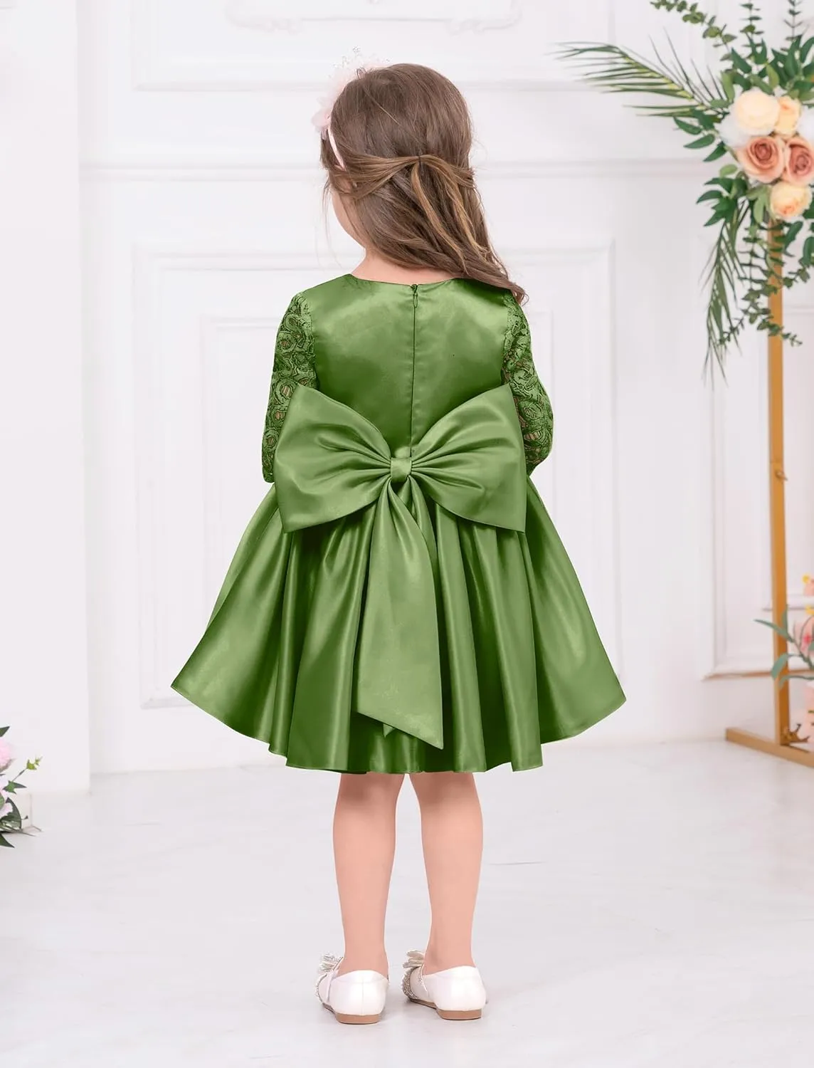 IDOPIP Flower Girl Satin Bowknot Lace Tutu Dress for Kids Baby Princess First Communion Wedding Birthday Party Pageant Gowns