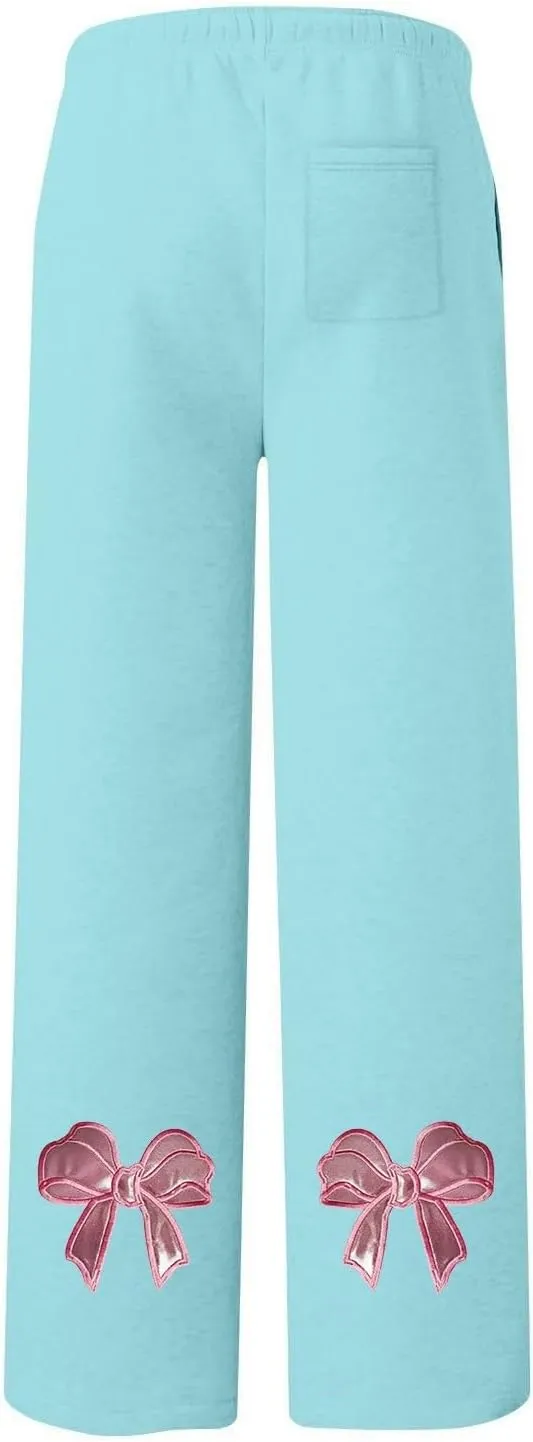 JiXiang Girls Sweatpants Bow Graphic Print High Elastic Waist Straight Leg Fleece Lined Lounge Sweat Pants Wide Leg Joggers
