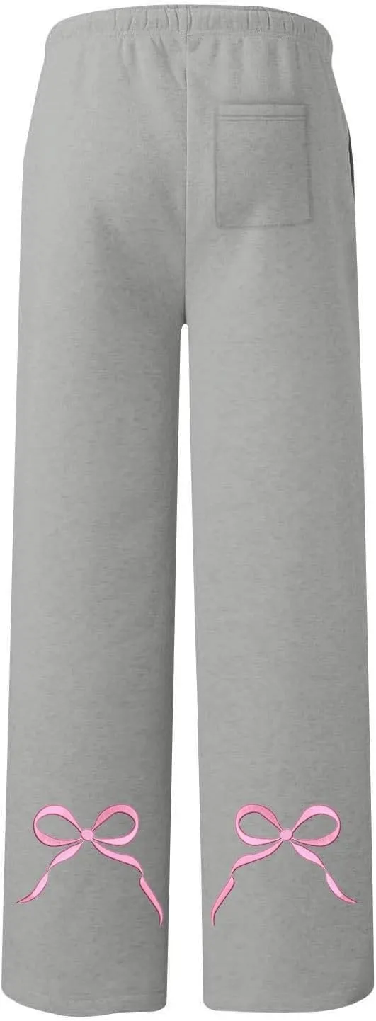 JiXiang Girls Sweatpants Bow Graphic Print High Elastic Waist Straight Leg Fleece Lined Lounge Sweat Pants Wide Leg Joggers