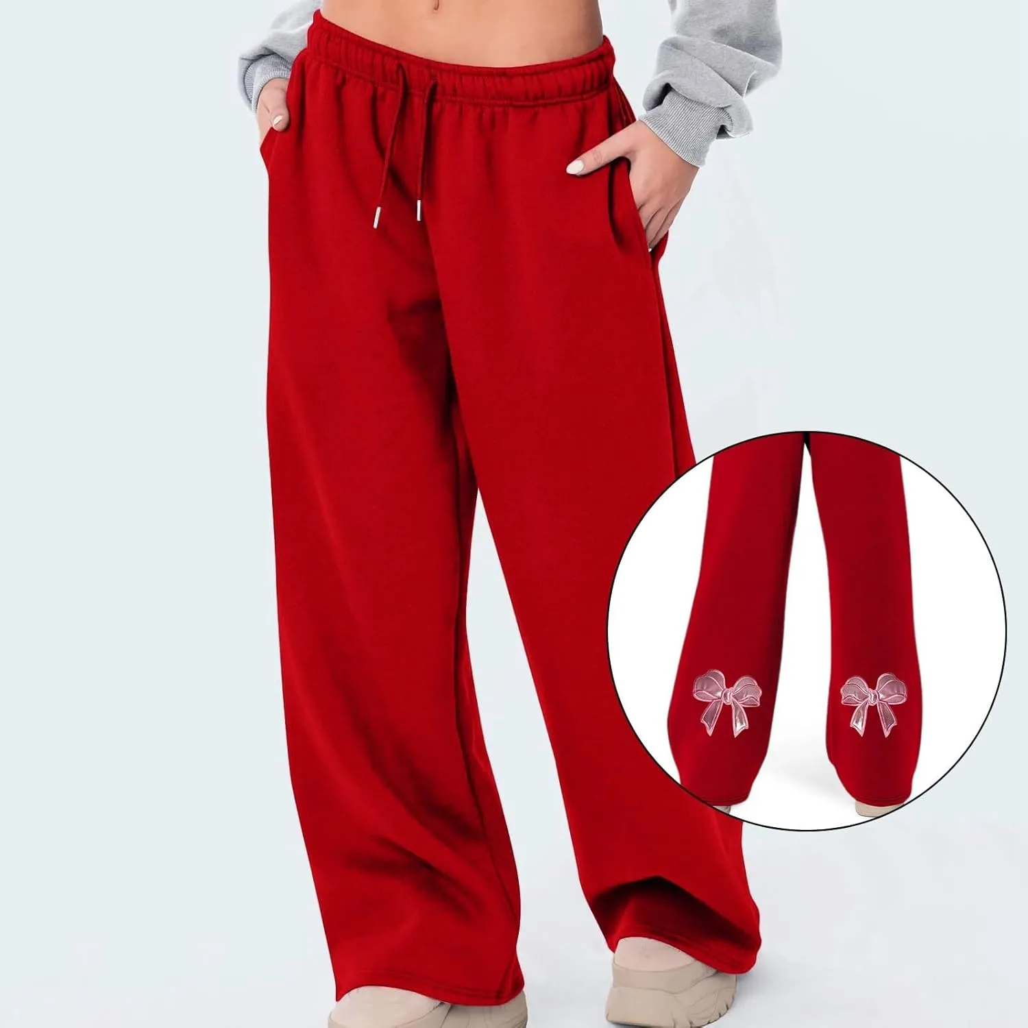 JiXiang Girls Sweatpants Bow Graphic Print High Elastic Waist Straight Leg Fleece Lined Lounge Sweat Pants Wide Leg Joggers