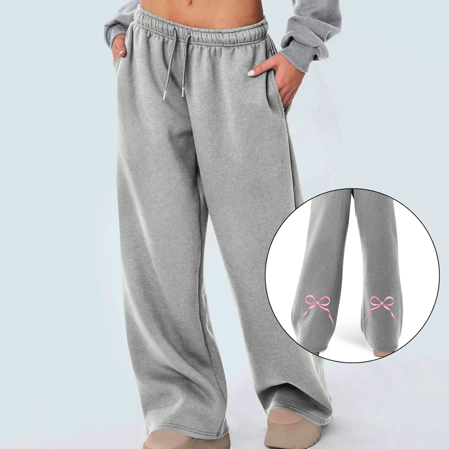 JiXiang Girls Sweatpants Bow Graphic Print High Elastic Waist Straight Leg Fleece Lined Lounge Sweat Pants Wide Leg Joggers
